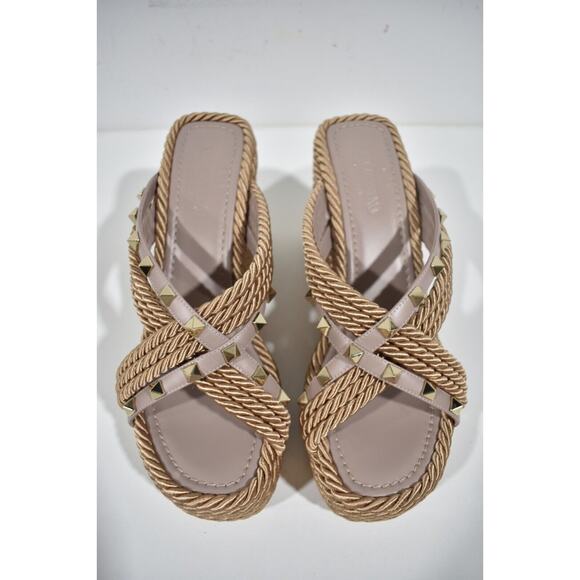 Valentino Rockstud Torchon Poudre Nude Cord Rope Wedge Backless Slide Sandal 42 - Picture 8 of 12